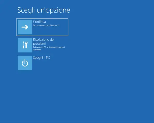 Schermata di scelta opzioni Windows: Continua, Risoluzione problemi o Spegni PC. Utile in modalità provvisoria.