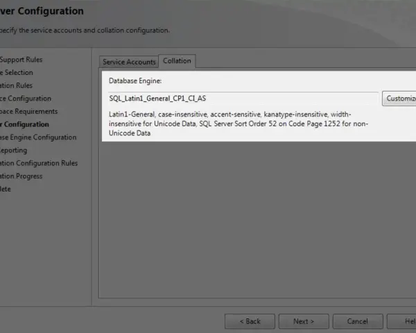 Configurazione server SQL: impostazione del collate Latin1-General_CP1_CI_AS, sensibile alle maiuscole/minuscole e agli accenti.