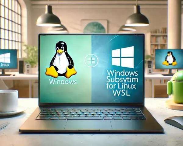Laptop con Tux (Linux) e logo Windows, che mostra il sottosistema Windows per Linux (WSL). Un'area di lavoro che gestisce il file di paging.