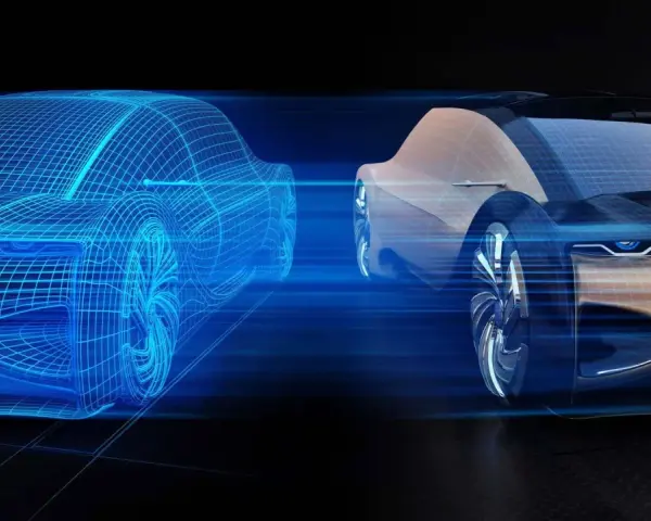 Un'auto futuristica in wireframe blu si confronta con il suo gemello digitale, mostrando la transizione dal virtuale al reale.