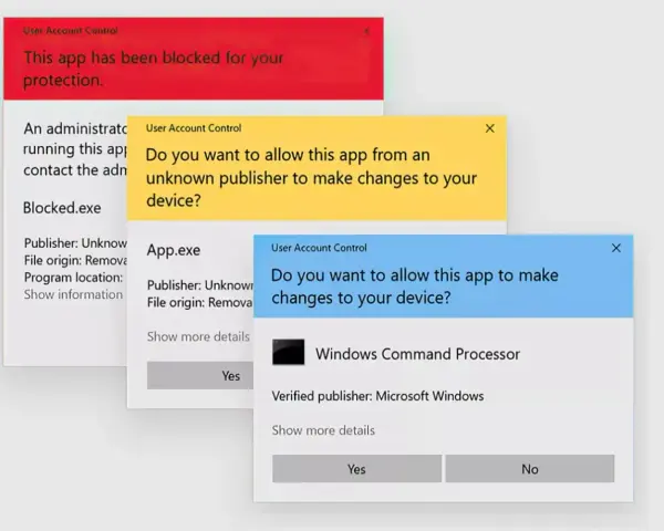 Finestre di dialogo di Windows 10 che richiedono privilegi amministratore per l'installazione di app.