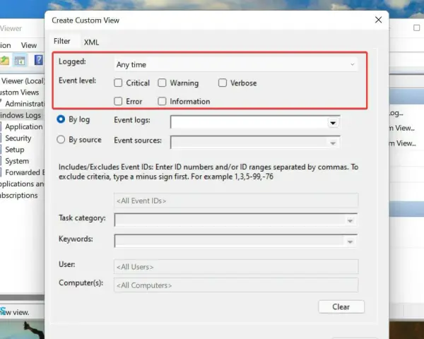 Finestra "Crea vista personalizzata" per il registro eventi Windows. Permette di filtrare per livello, sorgente, ID evento, categoria, parole chiave, utente e computer.