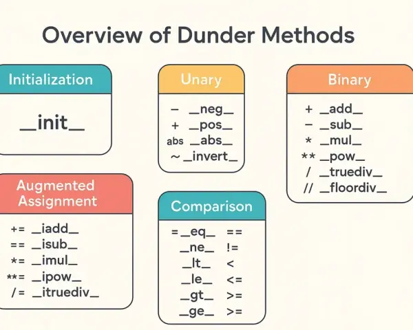 Panoramica dei dunder methods in Python: inizializzazione (__init__), unari, binari, assegnamento aumentato e comparazione.