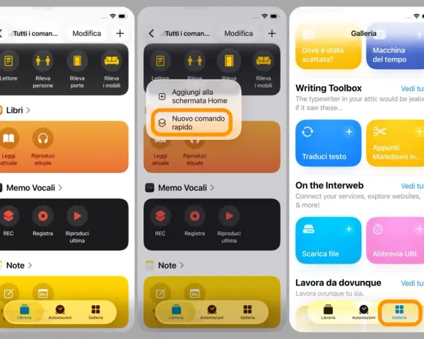 Schermate di iPhone che mostrano la creazione di comandi rapidi. Un pulsante evidenzia "Nuovo comando rapido".
