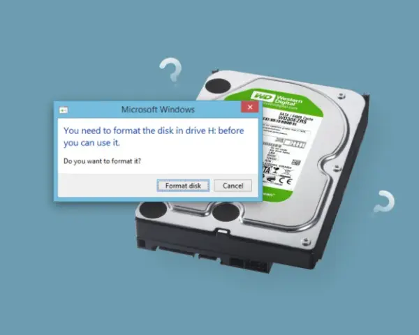 Un disco rigido Western Digital richiede la formattazione per essere utilizzabile. La finestra di dialogo di Windows chiede: "è necessario formattare il disco per poterlo utilizzare".