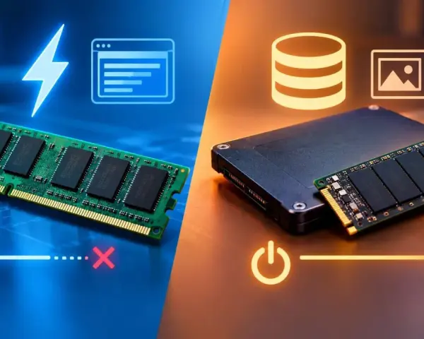 Un modulo di ram memoria volatile, veloce ma effimera, contrapposto a un SSD, più lento ma permanente.