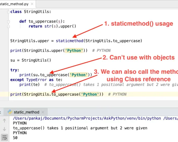 Esempio di python static method: mostra come usarlo, che non funziona con oggetti e come chiamarlo tramite la classe.