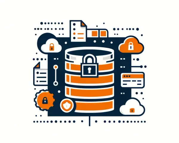 Icone di sicurezza informatica: database protetto, cloud, documenti e ingranaggi.