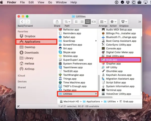 Finestra del Finder su Mac, con la cartella "Applicazioni" selezionata e l'elenco delle utility, tra cui "Grab.app" evidenziato.