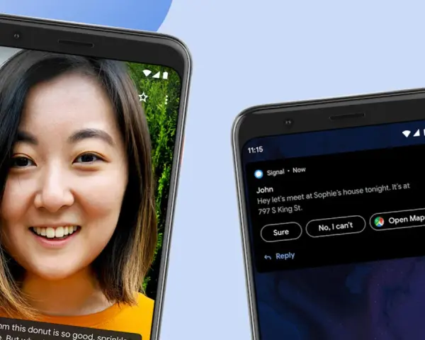 Due smartphone Android mostrano un volto sorridente e una notifica con suggerimenti intelligenti, dimostrando l'intelligenza del sistema Android.
