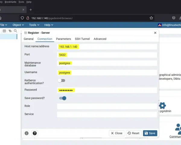 Configurazione server PostgreSQL su Ubuntu tramite pgAdmin 4. Inseriti indirizzo IP 192.168.1.140, porta 5432, utente e database postgres.