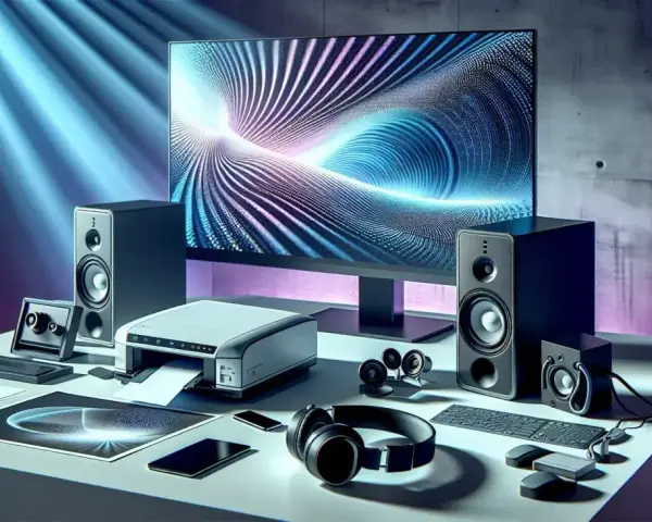 Scrivania con monitor, stampante, altoparlanti e cuffie. Ogni periferica di output contribuisce a creare un'esperienza multimediale completa.