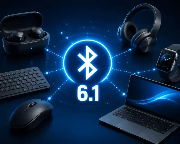 Il simbolo Bluetooth 6.1 collega cuffie, smartwatch, laptop, tastiera e mouse, mostrando il significato della connettività wireless.
