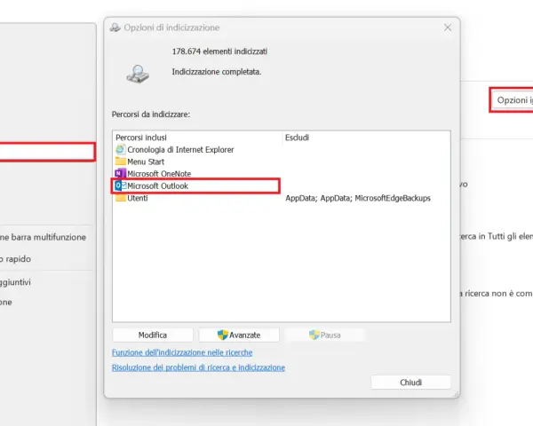 Finestra "Opzioni di indicizzazione" per attivare indicizzazione Windows 11. Selezionato "Microsoft Outlook" tra i percorsi inclusi.