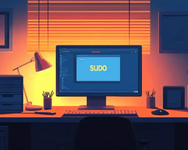 Scrivania illuminata da una lampada, con un monitor che mostra "SUDO", simbolo di accesso ai permessi di root.