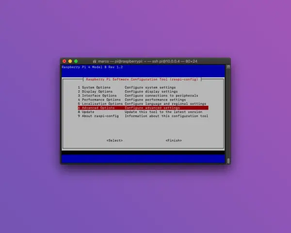 Schermata di configurazione Raspberry Pi, opzione "Advanced Options" selezionata, utile per impostare il boot da USB.