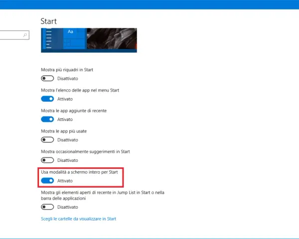 Impostazioni del menu di avvio di Windows 10, con l'opzione "Usa modalità a schermo intero per Start" attivata.