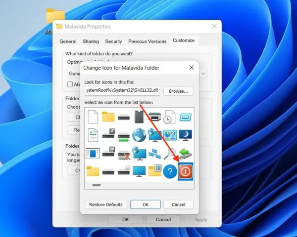 Finestra di dialogo "Cambia icona" di Windows 11, che mostra icone cartelle e altre icone di sistema.