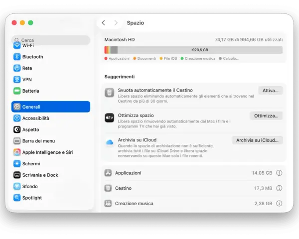 Schermata di macOS che mostra come liberare spazio su iCloud e sul Mac, con suggerimenti per ottimizzare lo spazio e archiviare file.