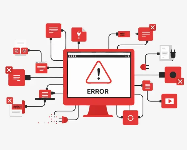Schermo con "ERROR" e triangolo di avviso, circondato da icone rosse e grigie collegate, che illustrano il buggare significato nel mondo digitale.