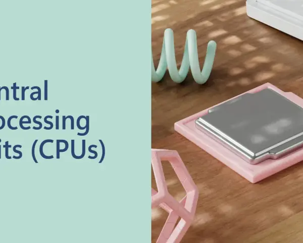 Unità di elaborazione centrale (CPU) su un tavolo di legno, con testo "Central processing units (CPUs)". Ideale per chi cerca CPU compatibili Windows 11.