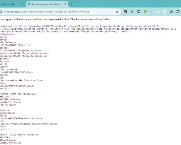 Visualizzazione struttura di un file XML per l'apertura di una fattura elettronica. Contiene dati del mittente, destinatario e dettagli fiscali.