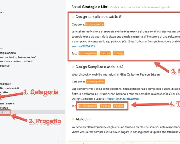 Appunti sul cellulare organizzati per categoria e progetto, con note e tag su "Strategia e Libri".