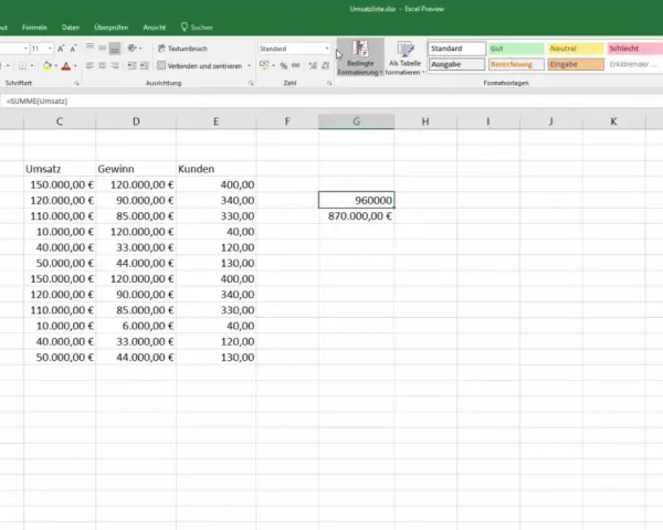 Foglio di calcolo Excel con dati di fatturato mensile e trimestrale. La casella nome "G5" mostra la formula "=SUMME(Umsatz)".