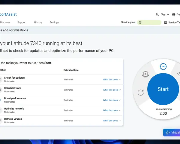 Ottimizzazione prestazioni PC con Dell SupportAssist. Seleziona "Boost performance" per aumentare memoria virtuale e fluidità.
