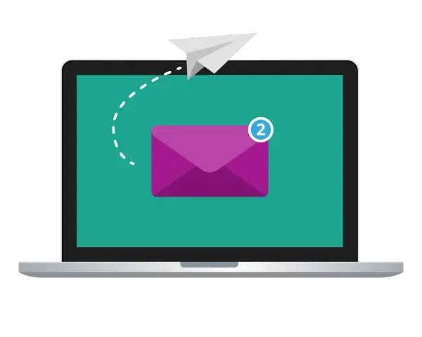 Un aereo di carta vola verso un laptop con una busta viola e un numero "2", illustrando che cos'è la posta elettronica.