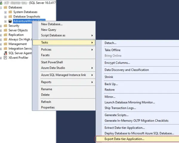 Esportazione di un'applicazione data-tier da un linked server SQL Server.