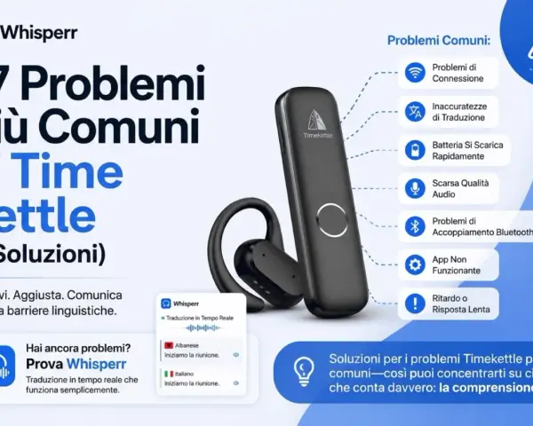 Guida ai 7 problemi comuni di Timekettle, inclusi i motivi per cui le cuffie Bluetooth non si collegano e come risolverli.