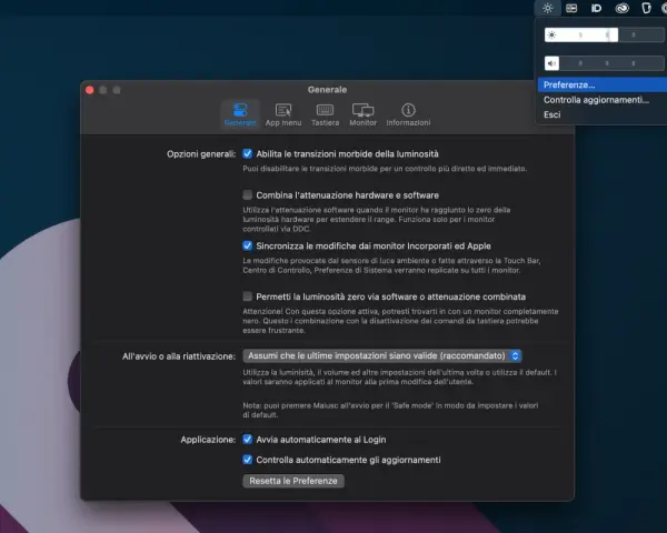 Impostazioni di sistema per come regolare la luminosità dello schermo. Opzioni generali per le transizioni morbide e sincronizzazione monitor.