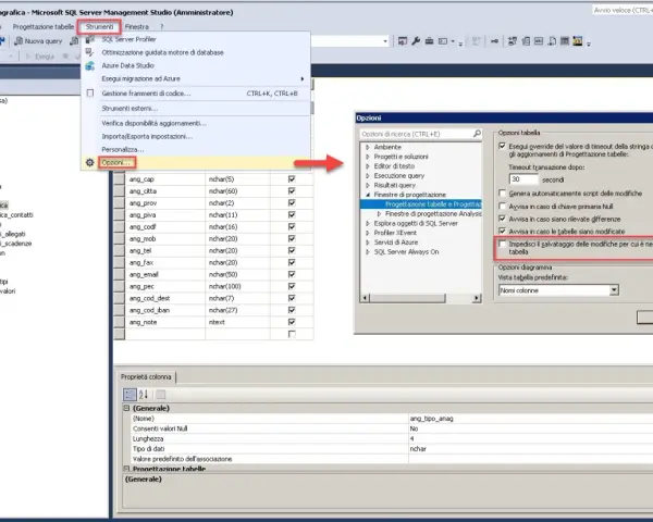 Opzioni per impedire il salvataggio delle modifiche che richiedono di eliminare tabella SQL.