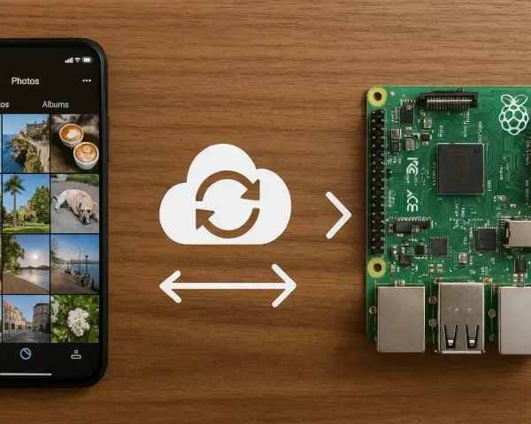 Smartphone con foto e scheda Raspberry Pi, con un'icona cloud che simboleggia la sincronizzazione, ideale per progetti raspberry android.