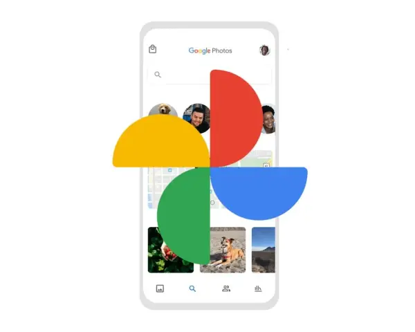 Schermata di Google Foto con il logo colorato sovrapposto. L'app mostra foto di persone, cani e paesaggi, organizzate nell'archivio.