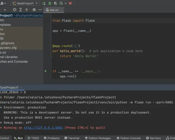 Un esempio di codice Python per un flask tutorial, con l'IDE PyCharm che mostra il file app.py e il terminale di esecuzione.
