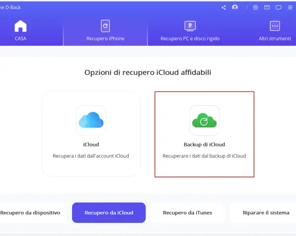 Interfaccia software per la modalità recupero iPhone, con opzioni per recuperare dati da iCloud o backup iCloud.
