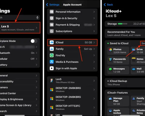 Schermate impostazioni iPhone per gestire l'account Apple e iCloud. Mostra come eliminare account Apple tramite iCloud.