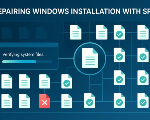 Verifica file di sistema con comando scannow. Icone di file con spunte verdi, una rossa con X.