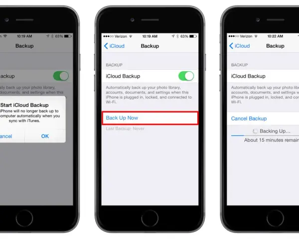 Schermate iPhone mostrano come fare il backup su iCloud. Tocca "Esegui backup adesso" per avviare il processo.