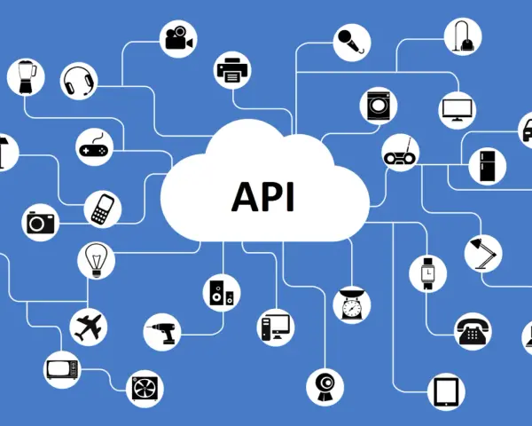Schema di connessione tra un cloud con la scritta "API" e vari dispositivi smart: elettrodomestici, auto, computer, ecc.