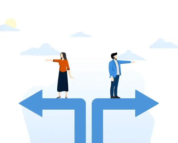 Uomo e donna su frecce separate, ognuno indica una direzione. Simboleggia la differenza tra SQL e MySQL, due percorsi distinti.