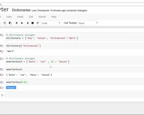 Esempio di codice Python che mostra la creazione e l'uso di un dizionario, con chiavi e valori in italiano e tedesco.