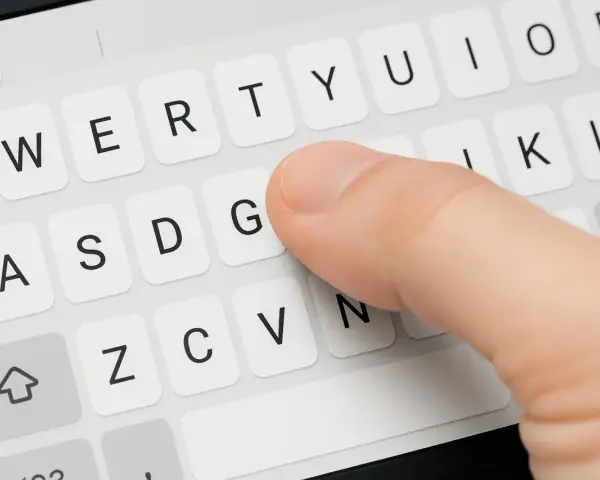 Dito come ingrandire la tastiera del cellulare: un dito preme il tasto "G" su una tastiera virtuale.