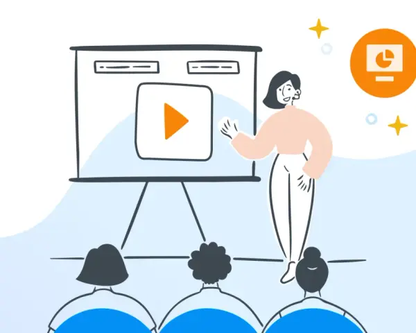 Presentazione con un video e un'icona di grafici. Ideale per chi cerca un power point gratis per le proprie idee.