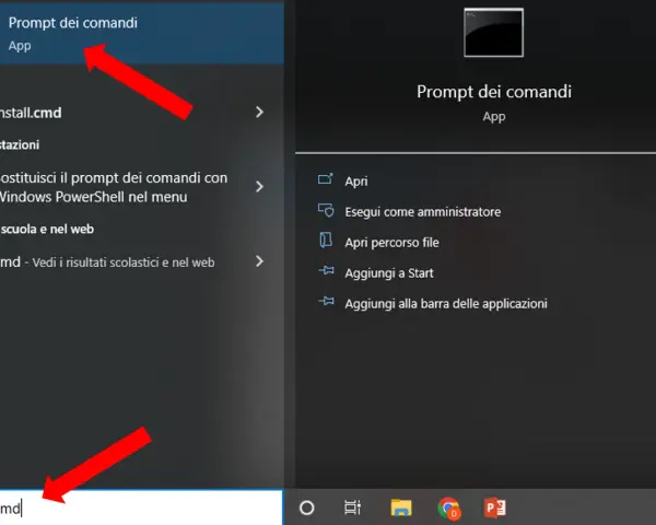 Menu Start per aprire cmd. Cerca "cmd" per trovare il prompt dei comandi e le opzioni per aprirlo.