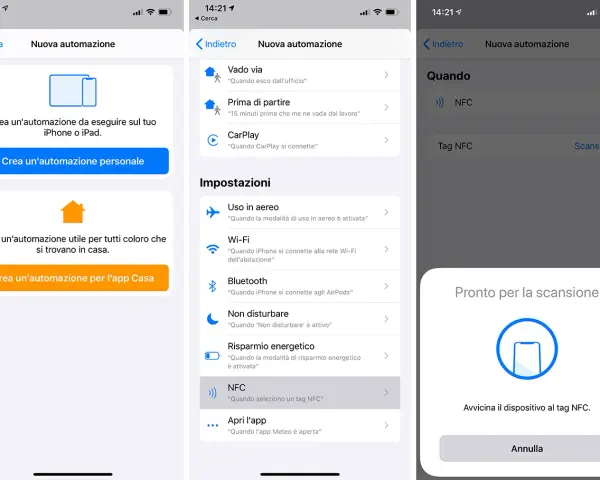 Configurazione automazione iPhone: seleziona NFC per creare un'azione rapida con un tag.