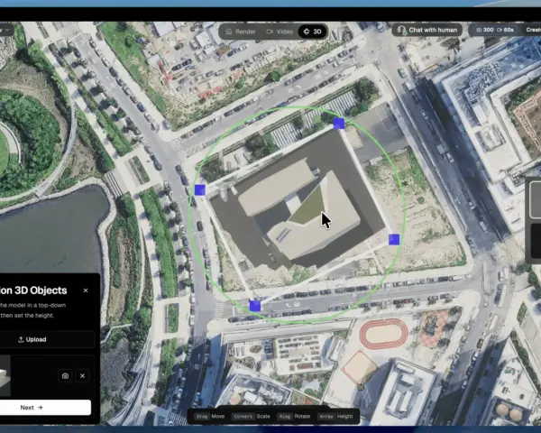 Interfaccia per posizionare un file obj 3D su una mappa aerea, con strumenti di manipolazione visibili.