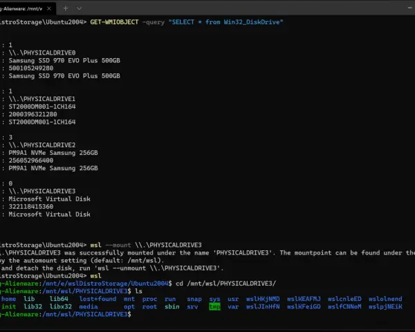 Un terminale Linux mostra l'elenco dei dischi e delle partizioni, inclusi SSD e dischi virtuali, con comandi per montarli e navigare.
